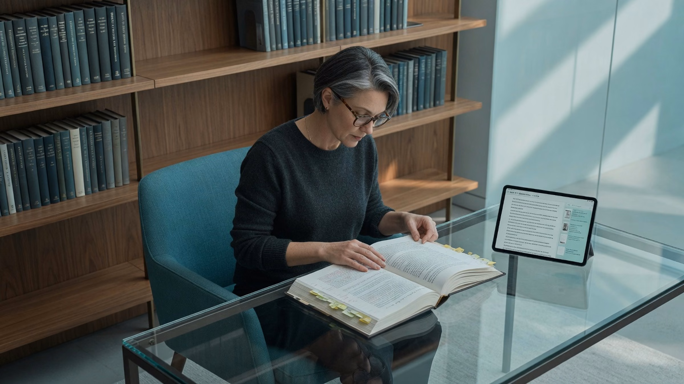 Photorealistic generated sample illustration, cool teal grade: editorial suite with cool walnut shelves, glass-and-steel reading table; editor in charcoal seated in the teal visitor chair paging a filled galley; small life-sized iPad (smaller than the open book) with sharp fine dense readable invented manuscript UI (sample, not a live production shot)