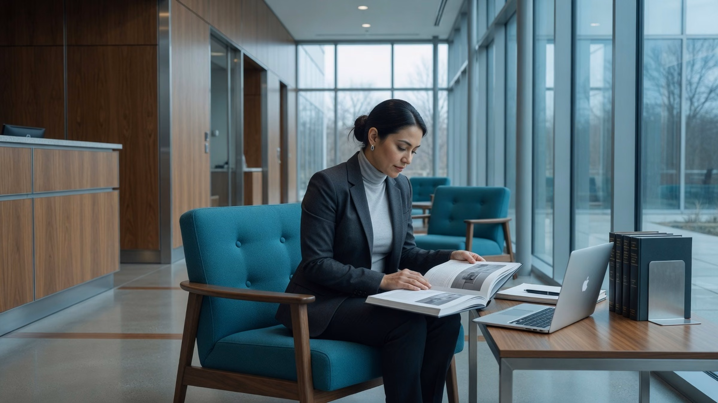 Photorealistic generated hero, cool teal grade: mid-century publisher reception with glass, steel, cooler walnut; professional in charcoal seated in a teal lounge chair reviewing filled but illegible catalog books; life-sized laptop/tablet with sharp fine dense illegible UI