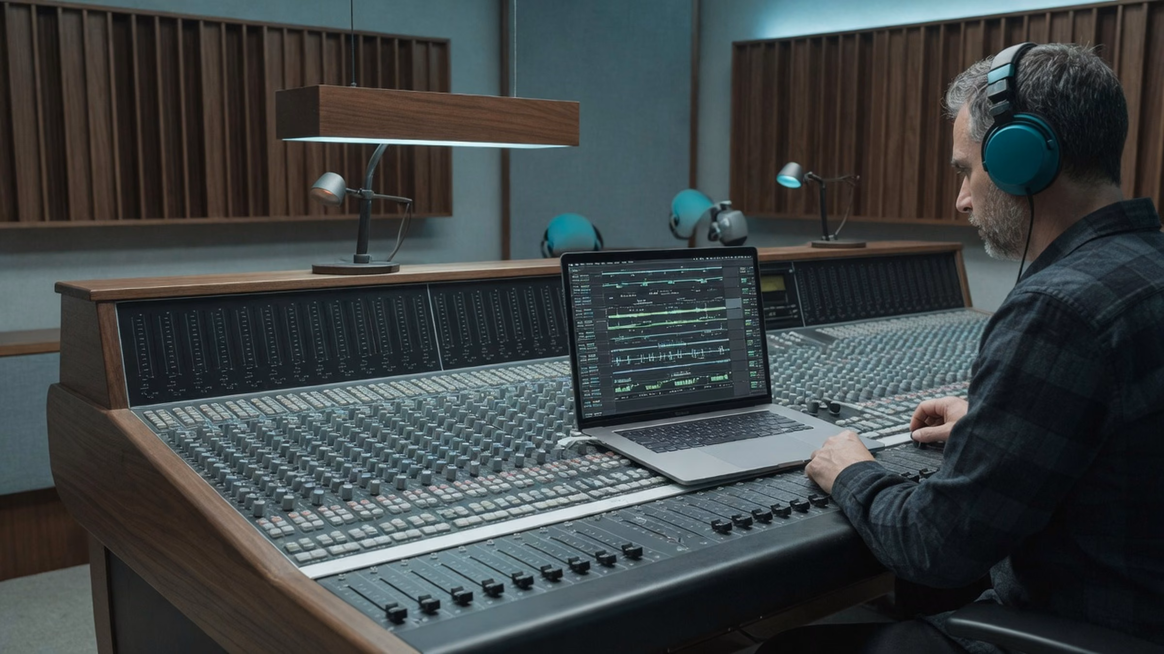 Photorealistic generated sample illustration, cool teal grade: in-house MCM music studio with cool walnut acoustics, analog console as main subject, teal headphone/lamp accents; charcoal wardrobe; life-sized laptop secondary with sharp fine dense readable invented DAW UI (sample track names, not live production)